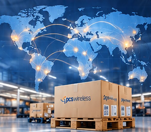 PCS Wireless pallets in a warehouse under a world map of trade routes
