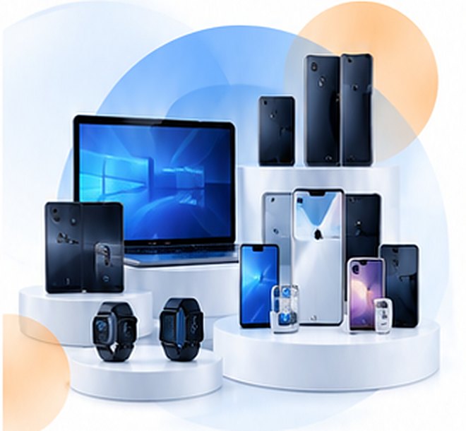 Laptops, phones and smartwatches on display stands