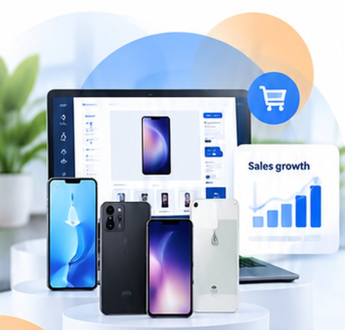 Online marketplace on a laptop with phones and a sales growth chart