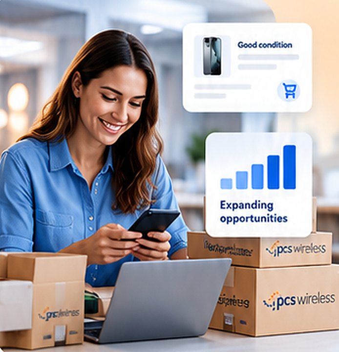 Online seller checking orders on a phone next to PCS Wireless boxes