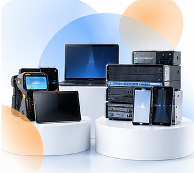 Rugged tablets, laptops, servers and phones on display stands
