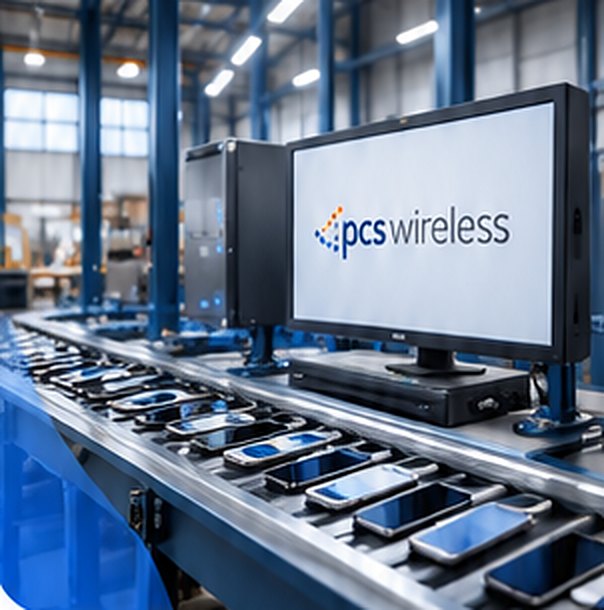Phones on a processing line next to a PCS Wireless monitor