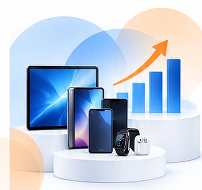Devices next to a rising bar chart