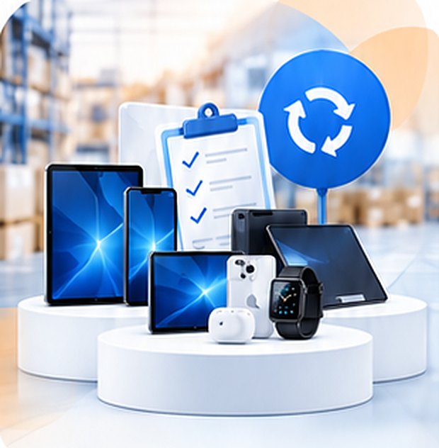 Tablets, phones and wearables with a checklist and refresh icon