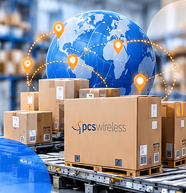 PCS Wireless boxes on a conveyor in front of a globe