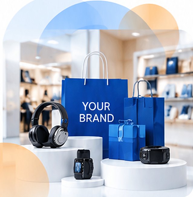 Branded shopping bags, headphones and a smartwatch in a store