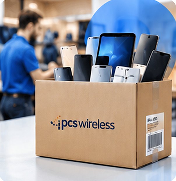 Box of returned phones with the PCS Wireless logo in a store