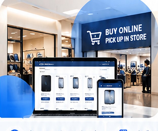 Store with a buy online, pick up in store sign and an online shop on a laptop