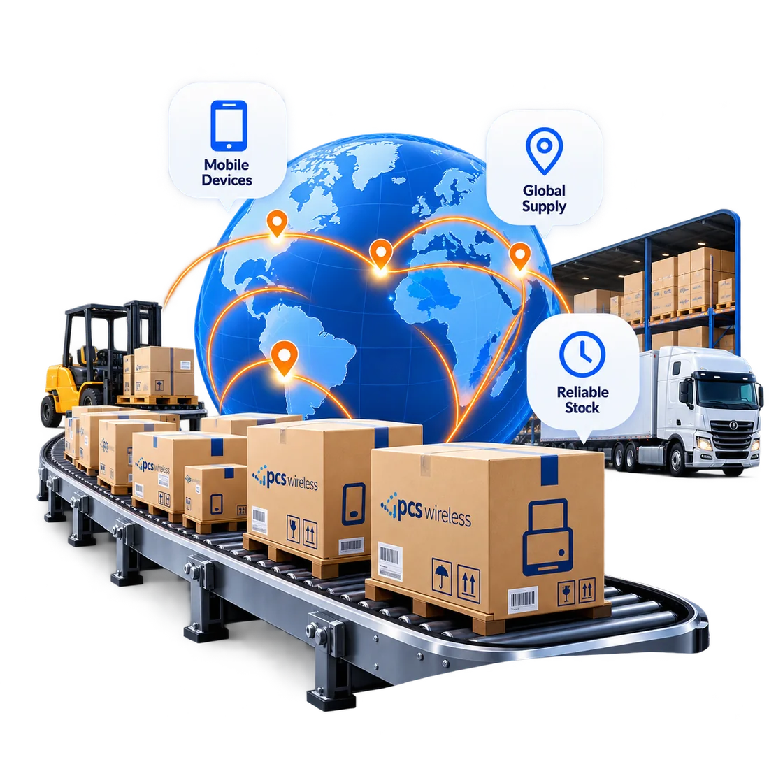 Boxes of devices on a conveyor in front of a globe with delivery routes