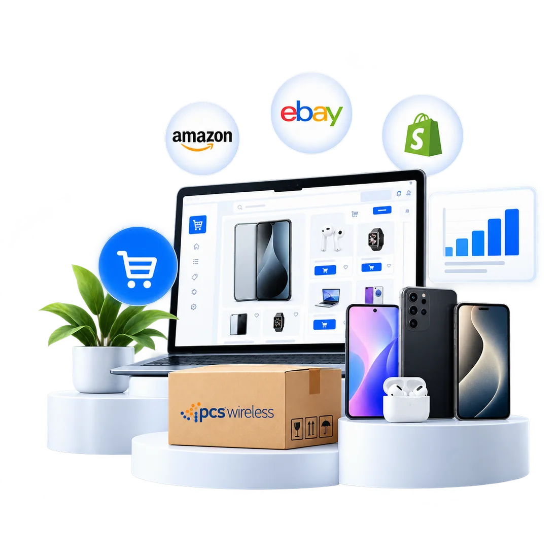 Laptop with an online store, phones and marketplace icons