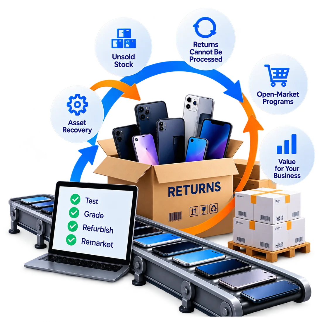 Returned devices being tested, graded, refurbished and remarketed