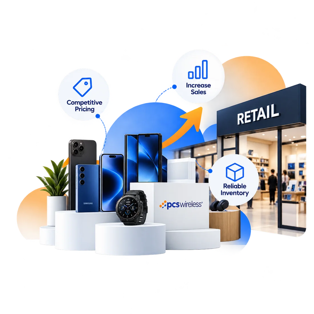Devices on display stands in front of a retail store