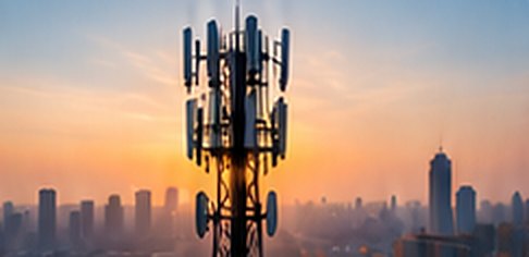 Cell tower over a city at sunrise
