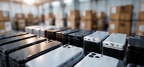 Rows of smartphones in a warehouse