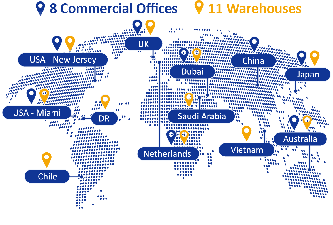 World map with PCS offices and warehouses